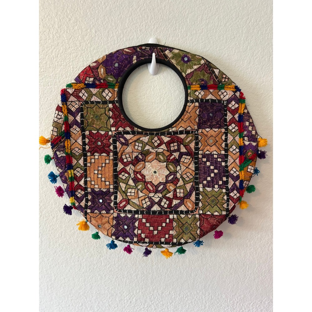 Boho Banjara Embroidered Mirror Work Circle Tote Bag Tassel Trim Multicolor